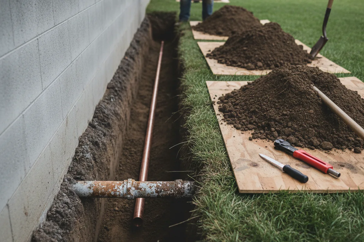 Excavated water line trench during Sewer Line Repair in Heath